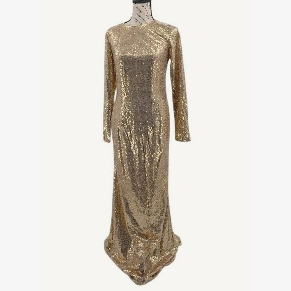 Gold Sequin Maxi Evening Gown Dress Size 10‎ Prom Wedding Guest VIDEO